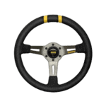MOMO racing steering wheel with black grip and yellow accents, designed for high-performance motorsport use.