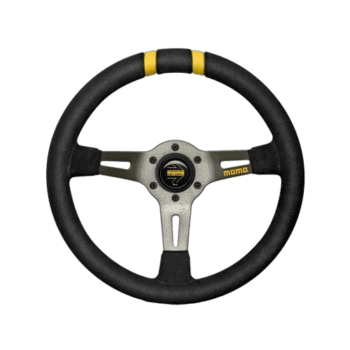 MOMO racing steering wheel with black grip and yellow accents, designed for high-performance motorsport use.