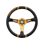 High-performance racing steering wheel with black and gold design, suitable for motorsport enthusiasts and professional drivers.