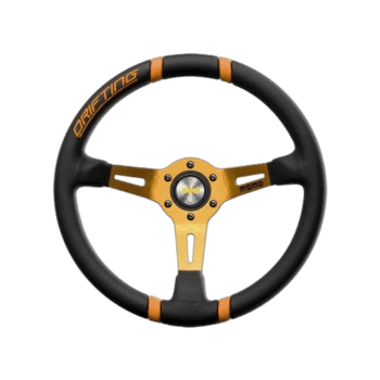 High-performance racing steering wheel with black and gold design, suitable for motorsport enthusiasts and professional drivers.