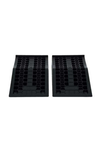 Two black racing car pit stop mats with hexagonal and rectangular patterns for Grand Prix Racewear.