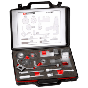 Facom Renault timing kit for diesel engines DT.REN-D1 with various precision tools in a black case.