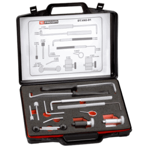 Facom VAG timing kit for diesel engines, featuring various tools in a black case with foam inserts.