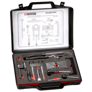 Facom VAG timing kit for petrol engines, including tools for engine timing and maintenance, displayed in a black case with foam inserts.