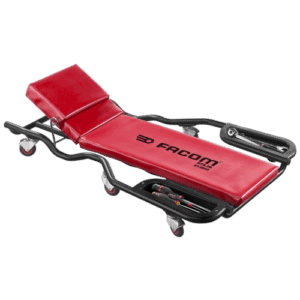Facom heavy-duty inspection creeper with red padded surface and black frame, designed for automotive inspection and repair.