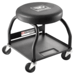 Facom Mid-height work seat DTS.4A with black cushioned seat and sturdy black frame on wheels for industrial use.