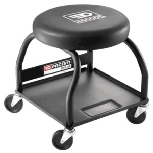 Facom Mid-height work seat DTS.4A with black cushioned seat and sturdy black frame on wheels for industrial use.
