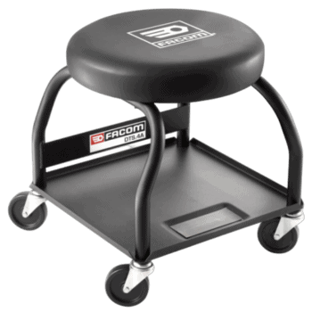 Facom Mid-height work seat DTS.4A with black cushioned seat and sturdy black frame on wheels for industrial use.