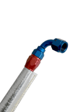 Flexible racing fuel hose with blue and red fittings, designed for high-performance motorsport applications.