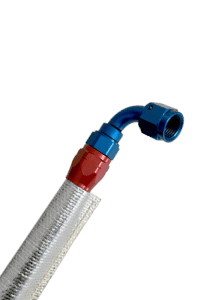 Flexible racing fuel hose with blue and red fittings, designed for high-performance motorsport applications.