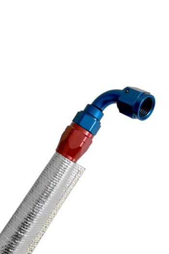 Flexible racing fuel hose with blue and red fittings, designed for high-performance motorsport applications.