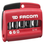 Facom E.110 set of 10 screwdriver bits in a red plastic case with black accents, designed for precision work.