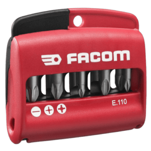 Facom E.110 set of 10 screwdriver bits in a red plastic case with black accents, designed for precision work.