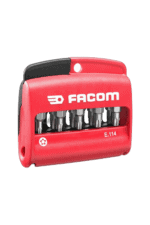 Facom E.114 screwdriver set in red plastic case with six screwdrivers, ideal for professional and hobbyist use.