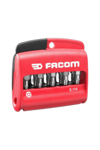 Facom E.114 screwdriver set in red plastic case with six screwdrivers, ideal for professional and hobbyist use.