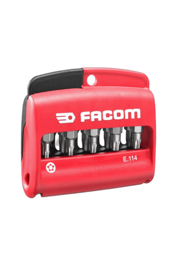 Facom E.114 screwdriver set in red plastic case with six screwdrivers, ideal for professional and hobbyist use.