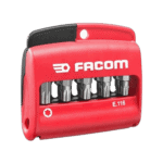Facom 10-piece Torx Plus bit set with holder, compact red storage case, model E.116, for precision screwdriving tasks.