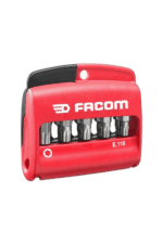 Facom 10-piece Torx Plus bit set with holder, compact red storage case, model E.116, for precision screwdriving tasks.
