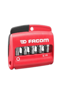 Facom 10-piece Torx Plus bit set with holder, compact red storage case, model E.116, for precision screwdriving tasks.