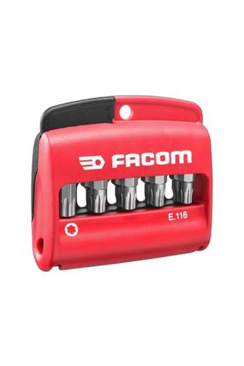Facom 10-piece Torx Plus bit set with holder, compact red storage case, model E.116, for precision screwdriving tasks.