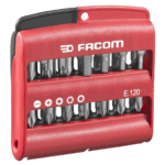 Facom E.120 set of 28 high-performance screwdriver bits with holder in red and black case.