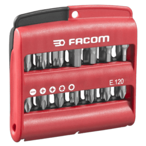 Facom E.120 set of 28 high-performance screwdriver bits with holder in red and black case.