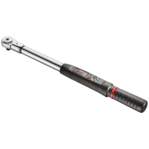 Electronic torque wrench with digital display and ratchet head, ideal for precision automotive and mechanical work.