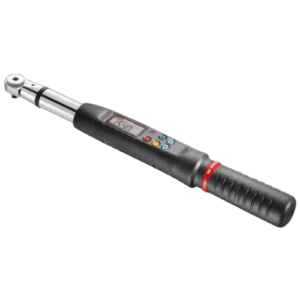 Electronic torque wrench with digital display and ratchet mechanism for precise tightening in automotive and industrial applications.