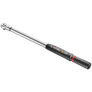 Electronic torque wrench with digital display and ratchet head, ideal for precision automotive and mechanical work.