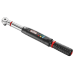 Electronic torque and angle wrench with digital display and ratchet head for precise tightening.