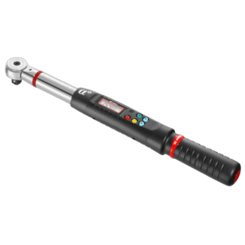 Electronic torque and angle wrench with digital display and ratchet head for precise tightening.
