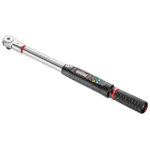 Electronic torque and angle wrench with digital display and ratchet mechanism for precise tightening.