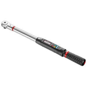 Electronic torque and angle wrench with digital display and ratchet mechanism for precise tightening.