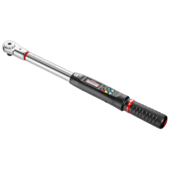 Electronic torque and angle wrench with digital display and ratchet mechanism for precise tightening.