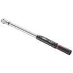 Electronic torque and angle wrench with ratchet, black handle, and digital display for precise fastening.