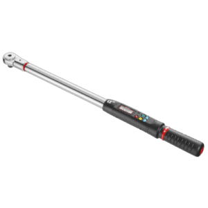 Electronic torque and angle wrench with ratchet, black handle, and digital display for precise fastening.