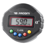 Facom E.406 electronic angle adapter with digital display showing 59.0 degrees, compact design, and control buttons.