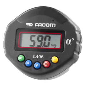 Facom E.406 electronic angle adapter with digital display showing 59.0 degrees, compact design, and control buttons.
