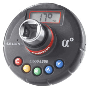 Close-up of Facom E.506-135S electronic torque and angle adapter with digital display showing 17.9 Nm.