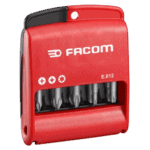 Facom set of 10 screwdriver bits in a red plastic case, suitable for precision work and various screw types.