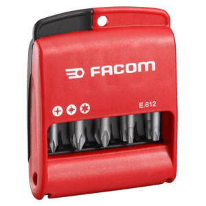 Facom set of 10 screwdriver bits in a red plastic case, suitable for precision work and various screw types.