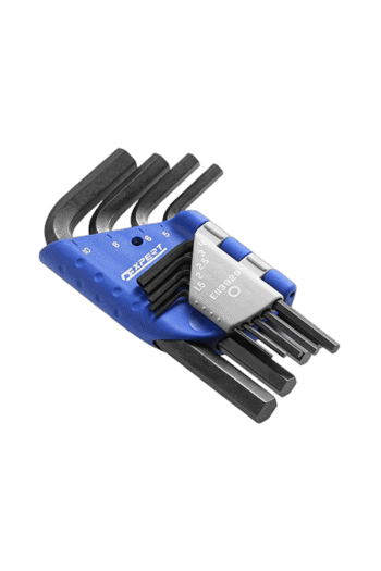Set of nine Facom short hex keys in a blue holder, ideal for precise mechanical work and tool storage.