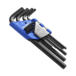 Set of nine long hex keys in a blue holder, ideal for precision mechanical work and automotive repairs.