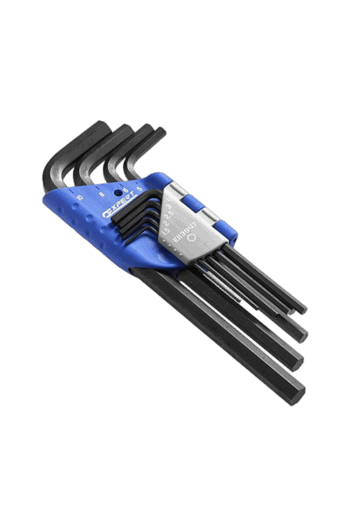 Set of nine long hex keys in a blue holder, ideal for precision mechanical work and automotive repairs.