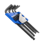 Set of Facom 9 Long Hex Keys in metric sizes, arranged on a blue holder for easy access and storage.