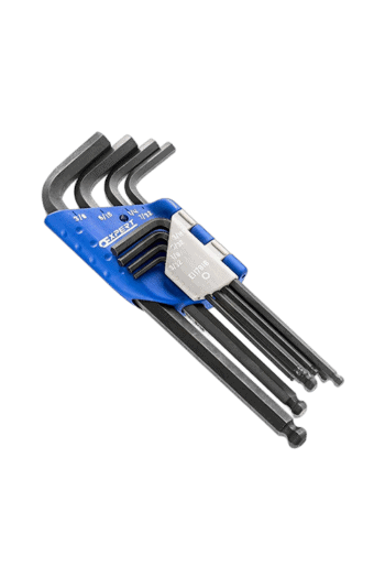 Set of Facom 9 Long Hex Keys in metric sizes, arranged on a blue holder for easy access and storage.