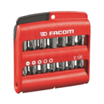 Facom 28 Bits Box E.120pb with a red plastic case containing 28 screwdriver bits for versatile use.