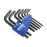 Set of 7 Torx keys with blue holder, used for precise screw driving in mechanical and automotive tasks.