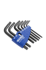 Set of 7 Torx keys with blue holder, used for precise screw driving in mechanical and automotive tasks.
