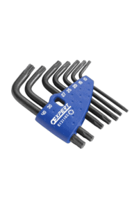 Set of 7 Torx keys with blue holder, used for precise screw driving in mechanical and automotive tasks.